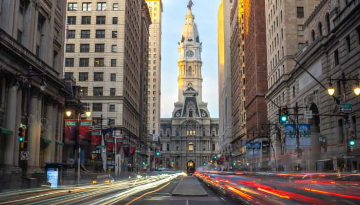 Long exposure image of City Hall from Broad Street