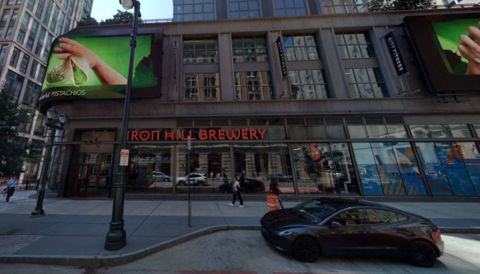 A screenshot from Cyclomedia. In the image is a photo of the Iron Hill Brewery restaurant. It's a sunny summer's day.