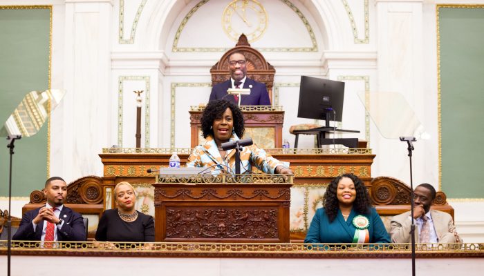 Mayor Cherelle L. Parker speaking at her FY2027 Budget Address in City Council chambers.