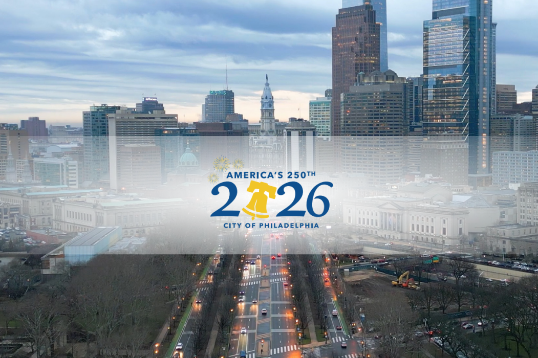 Philadelphia parkway with the logo that reads as "America's 250th 2026 City of Philadelphia"