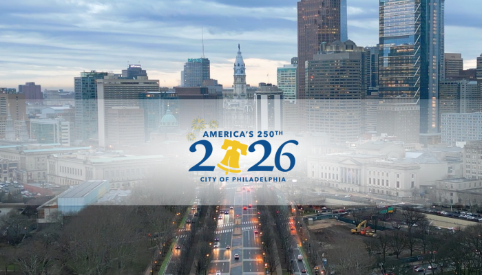 Philadelphia parkway with the logo that reads as "America's 250th 2026 City of Philadelphia"