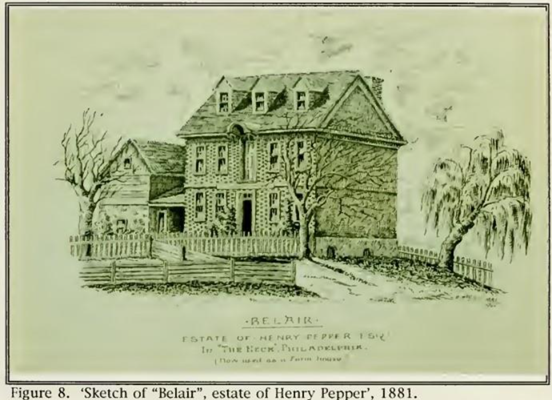  An illustration of a brick house. Several trees and fences appear in the foreground