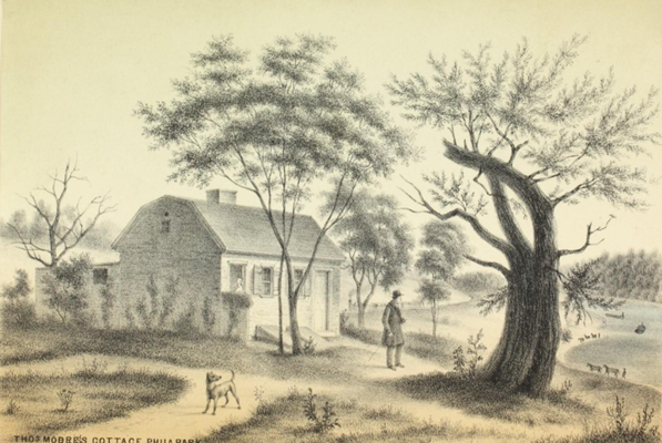 Lithograph of a man and dog outside what is now known as the Boelson Cottage