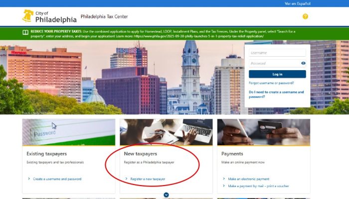 Screenshot of the Philadelphia Tax Center's homepage