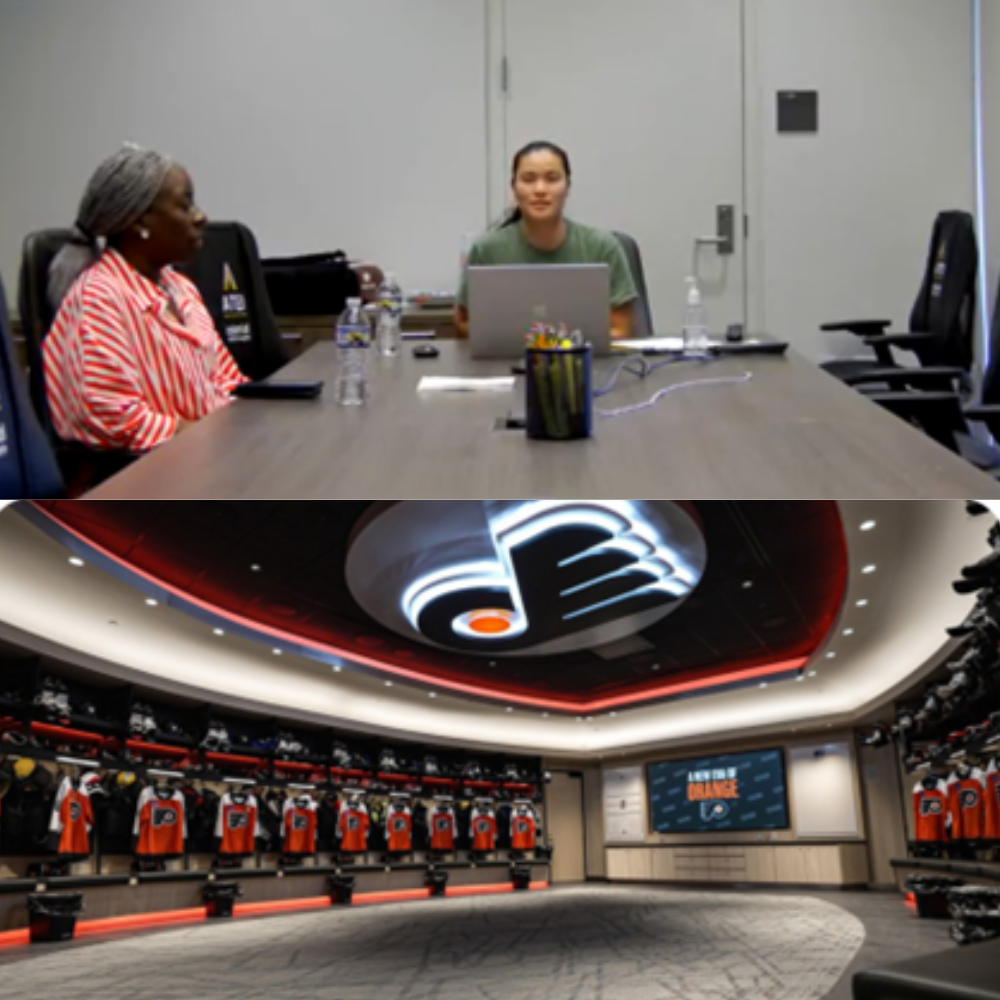split photo of two women sitting at a conference room table, working on a computer and a peek inside the Philadelphia flyers locker room