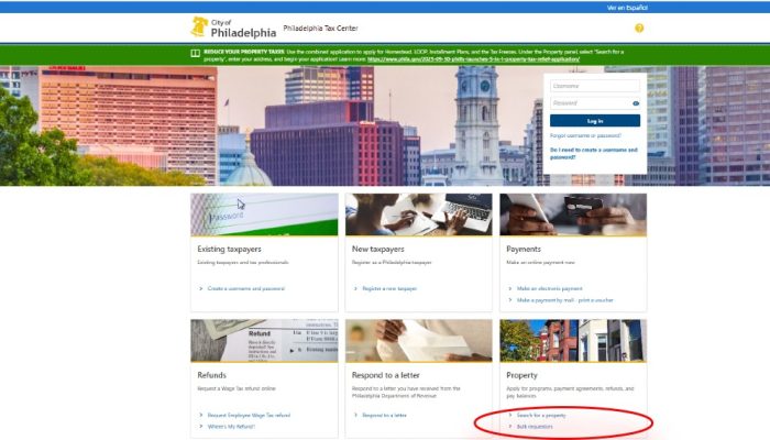 Screenshot of the Philadelphia Tax Center's homepage