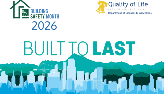 Blog header with Building Safet month 2026 logo next to the L&I QOL logo on top over the slogan "bult to last" over a cityscape