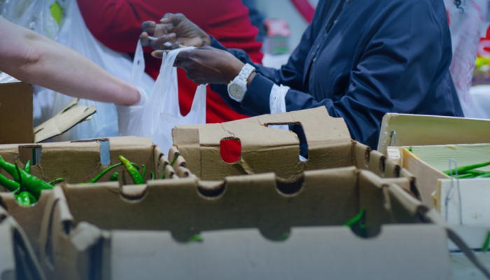 people passing out food into bags at a food drive