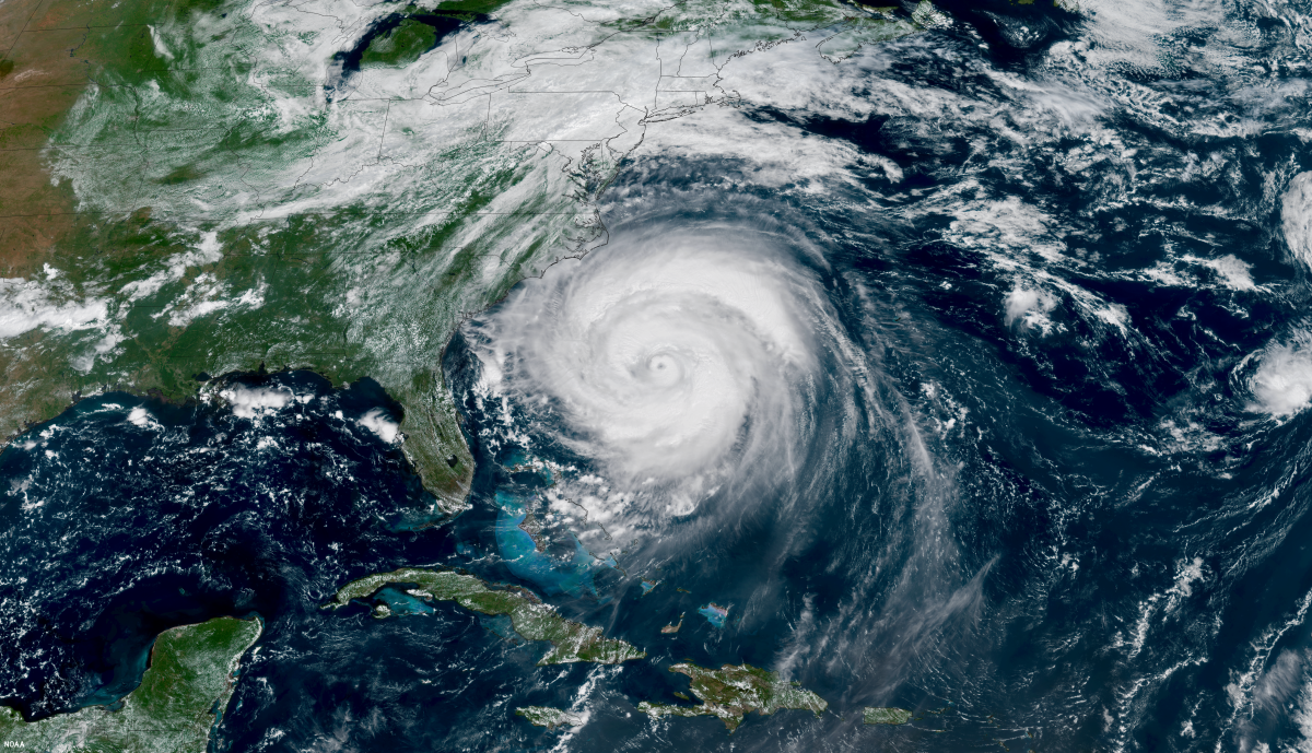 A NOAA satellite view of a massive Hurricane Erin churning off the U.S. East Coast taken August 20, 2025.