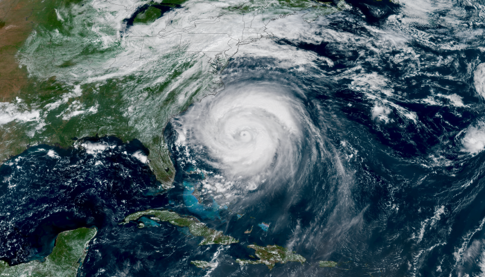 A NOAA satellite view of a massive Hurricane Erin churning off the U.S. East Coast taken August 20, 2025.