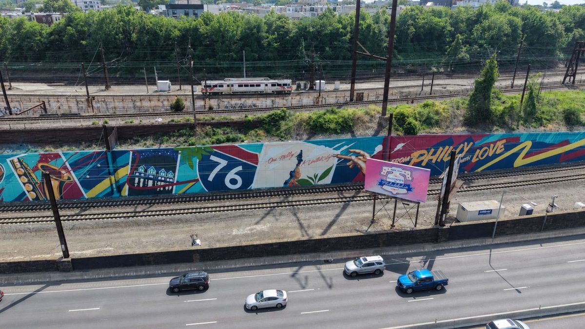 Overhead view of One Philly, A United City, With Love mural on I-76 at Spring Garden Street.