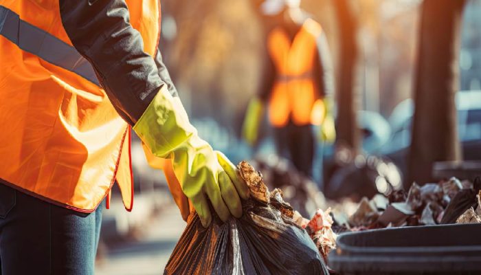 Person collecting fall leaves in a black trash bag