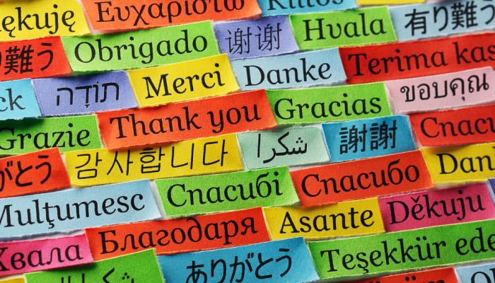 Colorful "thank you" tabs in multiple languages.
