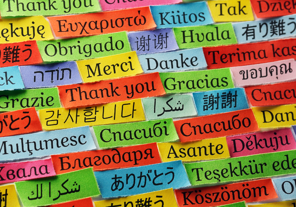 Colorful "thank you" tabs in multiple languages.