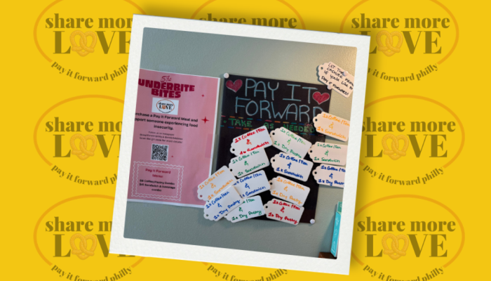 Graphic containing a photo of The Underbite Bites Pay It Forward wall display placed over a yellow background with multiple Pay It Forward logos.