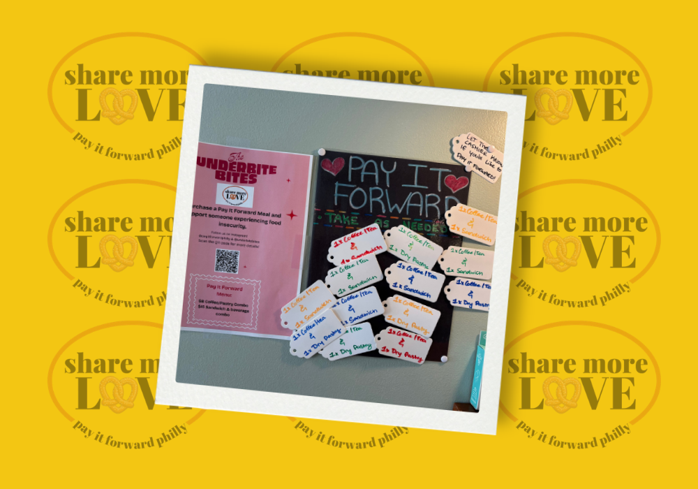 Graphic containing a photo of The Underbite Bites Pay It Forward wall display placed over a yellow background with multiple Pay It Forward logos.