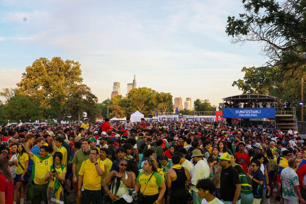 Crowd watching stage at FIFA Fan Fest on Philadelphia's Lemon Hill.