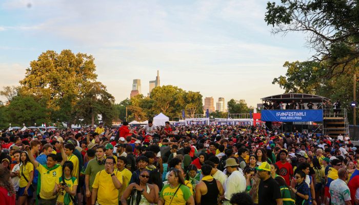 Crowd watching stage at FIFA Fan Fest on Philadelphia's Lemon Hill.