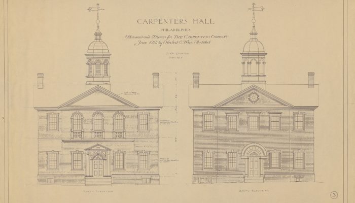 A measured drawing that shows the primary elevations of Carpenter's Hall in detail.
