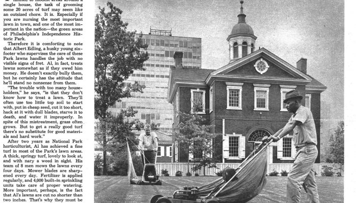 A newspaper article from 1963. An African American man and a white man push lawnmowers in front of Carpenters' Hall.