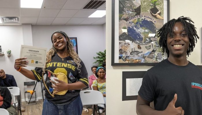 On the left, first place poem winner Angel Okeke poses and smiles with a certificate. On the right, participant Devon Choice smiles and gives a thumbs up next to his artwork hanging on a wall.