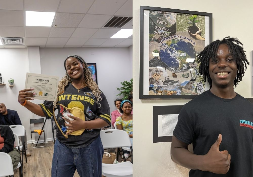 On the left, first place poem winner Angel Okeke poses and smiles with a certificate. On the right, participant Devon Choice smiles and gives a thumbs up next to his artwork hanging on a wall.