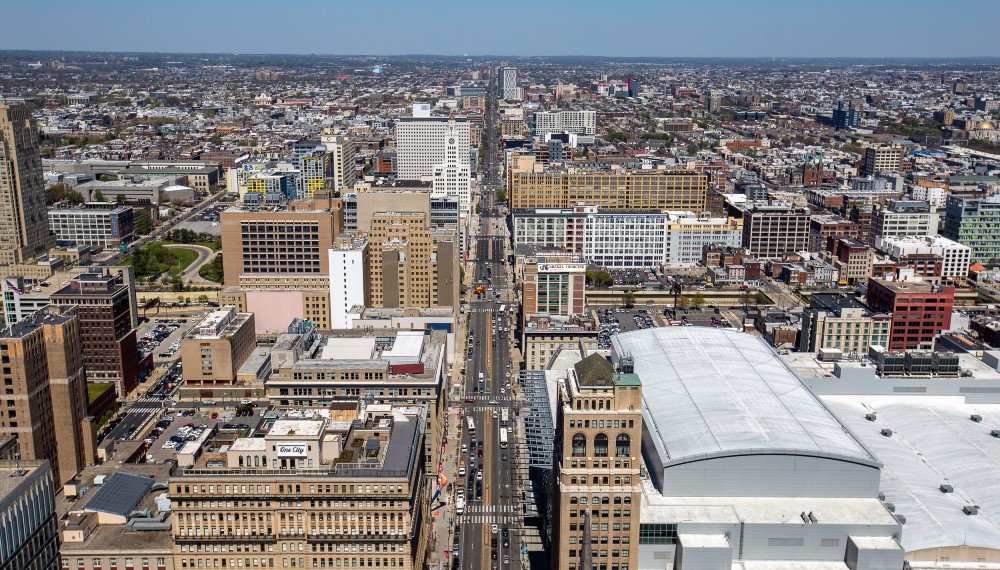 An aerial view of Philly
