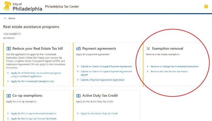 Graphic containing information about Philadelphia's real estate assistance programs. It includes application links to various programs, payment agreements, and removal forms.