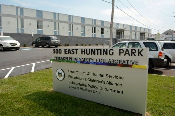 Sign that reads: 300 East Hunting Park, Philadelphia Safety Collaborative, Department of Human Services, Philadelphia Children's Alliance, Philadelphia Police Department Special Victim's Unit
