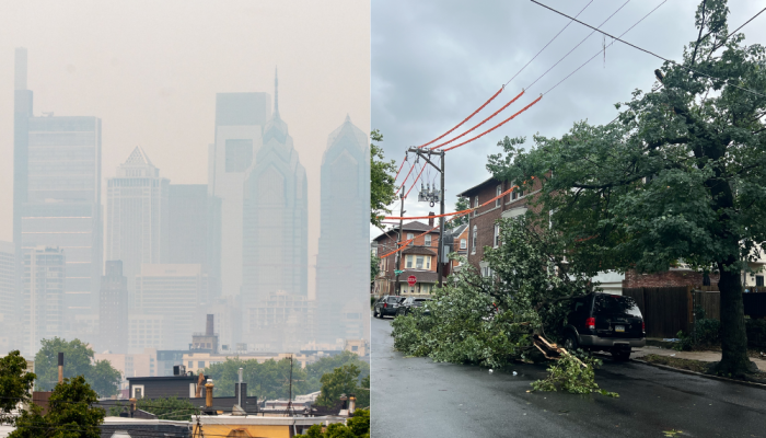 Collage showing wildfire smoke over Philadelphia skyline (on the left) and a downed tree over a rowhome after a storm (on the right)