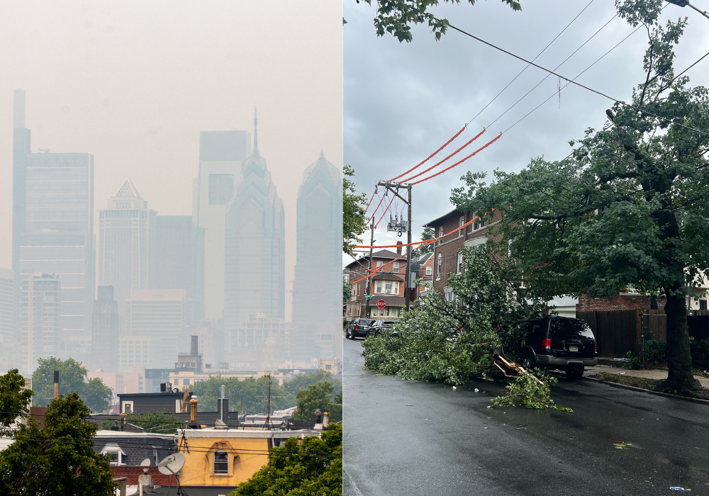 Collage showing wildfire smoke over Philadelphia skyline (on the left) and a downed tree over a rowhome after a storm (on the right)