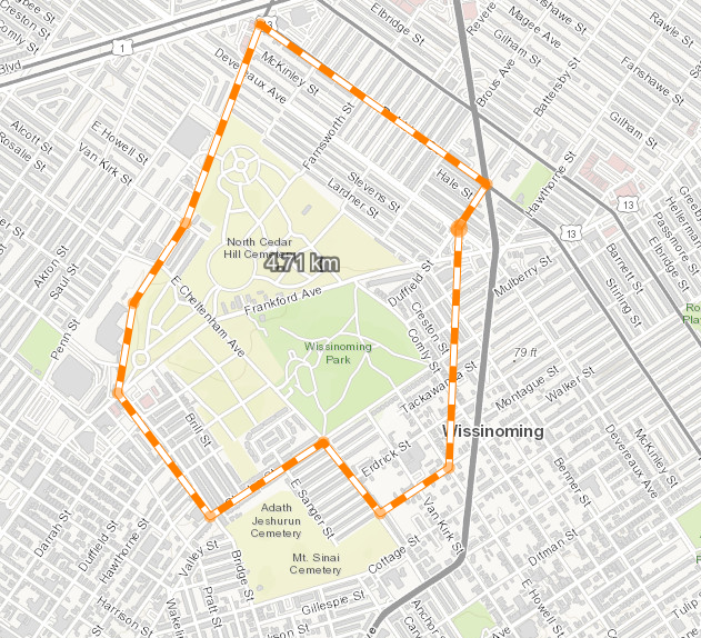 Map of the area around North Cedar Hill Cemetery, showing where the Health Department will be spraying for mosquitoes.
