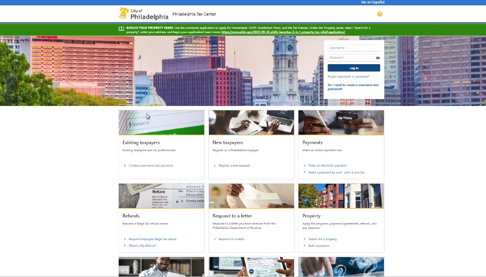 Screenshot of the Philadelphia Tax Center's homepage.