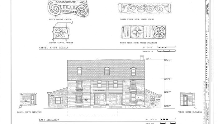 Architectural drawings of the front of the Bartram house and building details.
