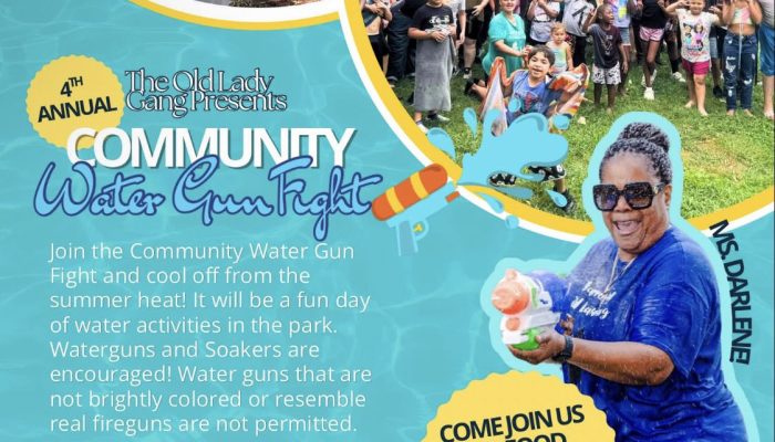 Flyer for Community Water Gun Fight at Harrowgate Park on August 15.