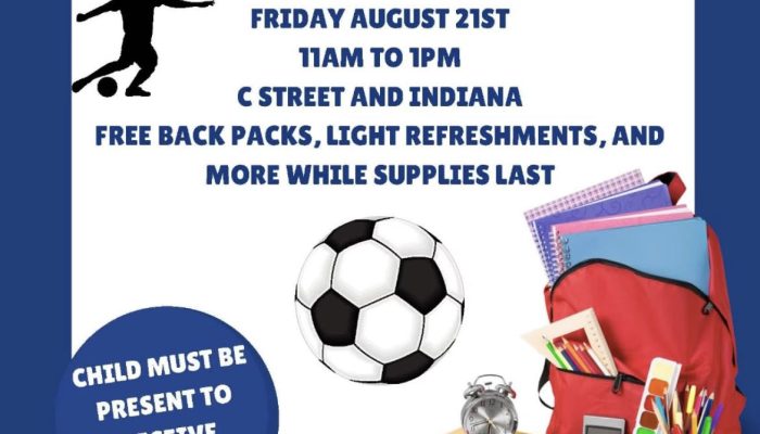 Flyer for the back to school backpack giveaway and soccer celebration on August 21st.