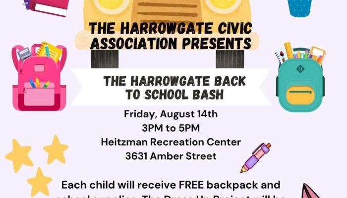 Flyer for Harrowgate Park's Back to School Bash on August 14.