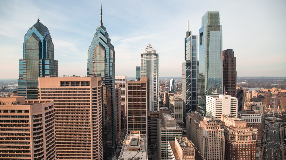 Philadelphia skyline under a blue sky