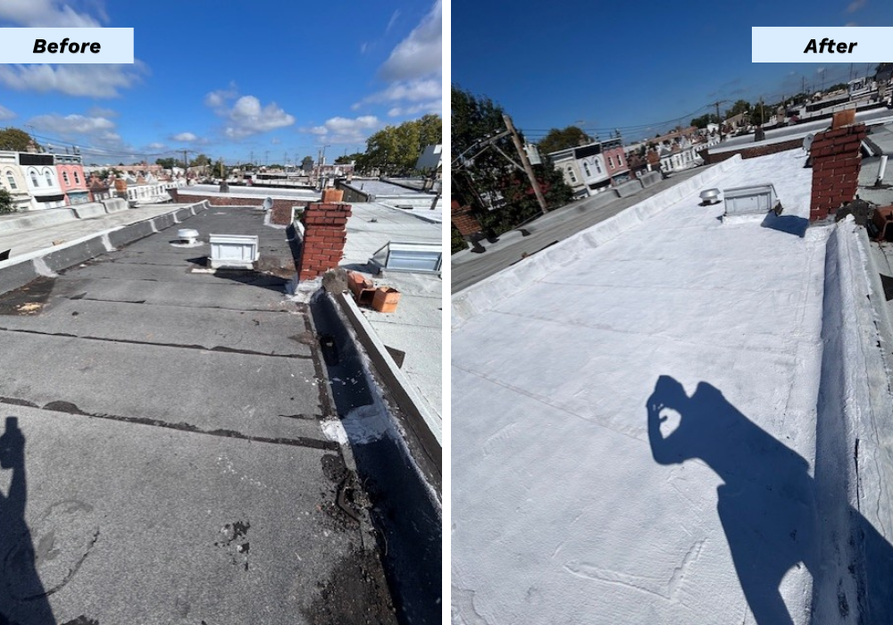 (on the left) A dark flat rooftop and (on the right) a light-colored flat rooftop with a new cool roof coating