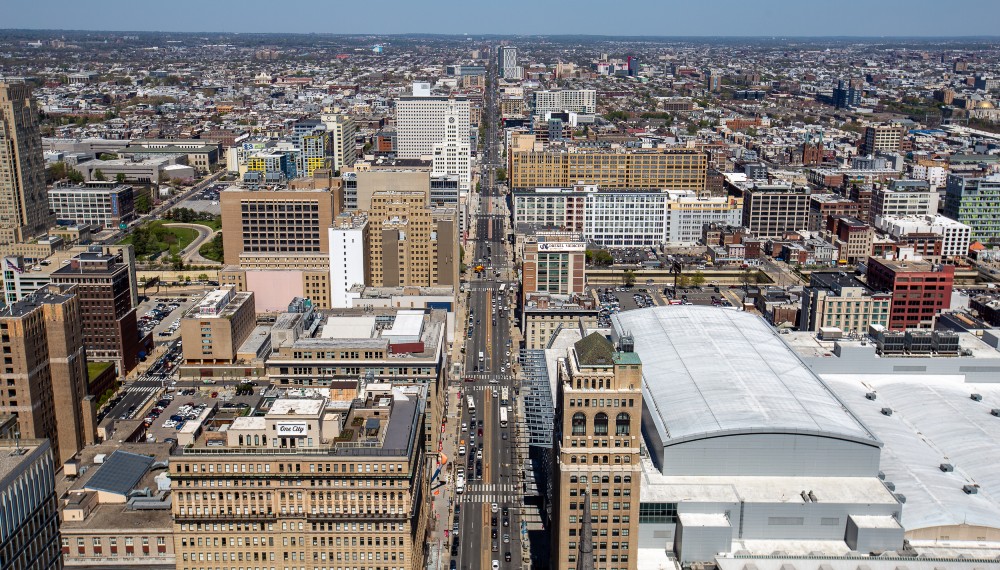 Aerial view of Philadelphia neighborhoods and city streets