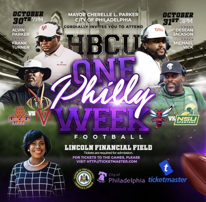 Promotional flyer for One Philly HBCU Week Football at Lincoln Financial Field. Virginia Union University plays Lincoln University on October 30 at 7 p.m., featuring coaches Alvin Parker and Frank Turner. Delaware State University plays Norfolk State University on October 31 at 3 p.m., featuring coaches DeSean Jackson and Michael Vick. The flyer includes photos of the four coaches and Mayor Cherelle L. Parker, along with team, City of Philadelphia and Ticketmaster logos.