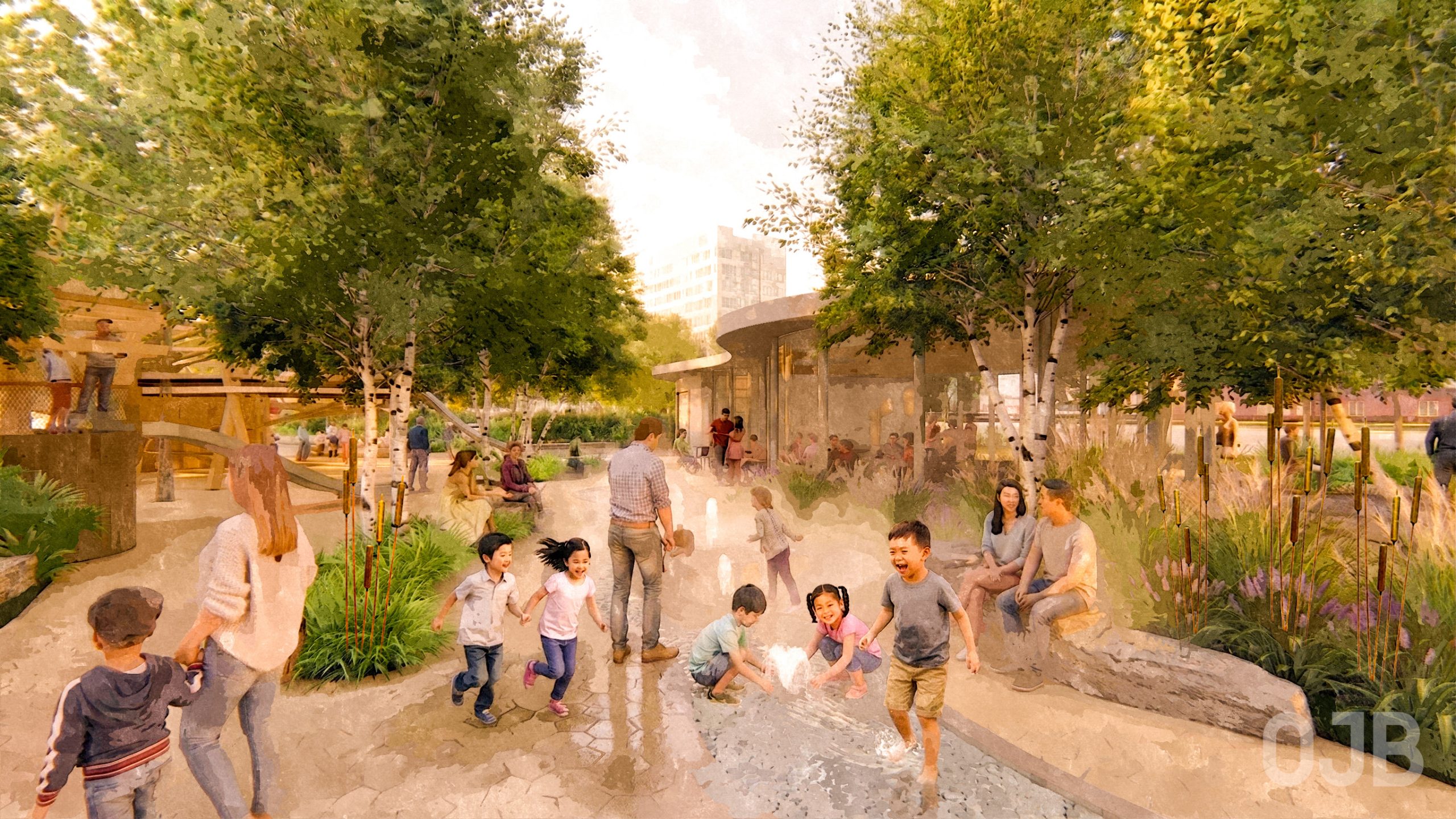 An illustrated view of children playing at a splashpad and adults sitting on benches nearby.