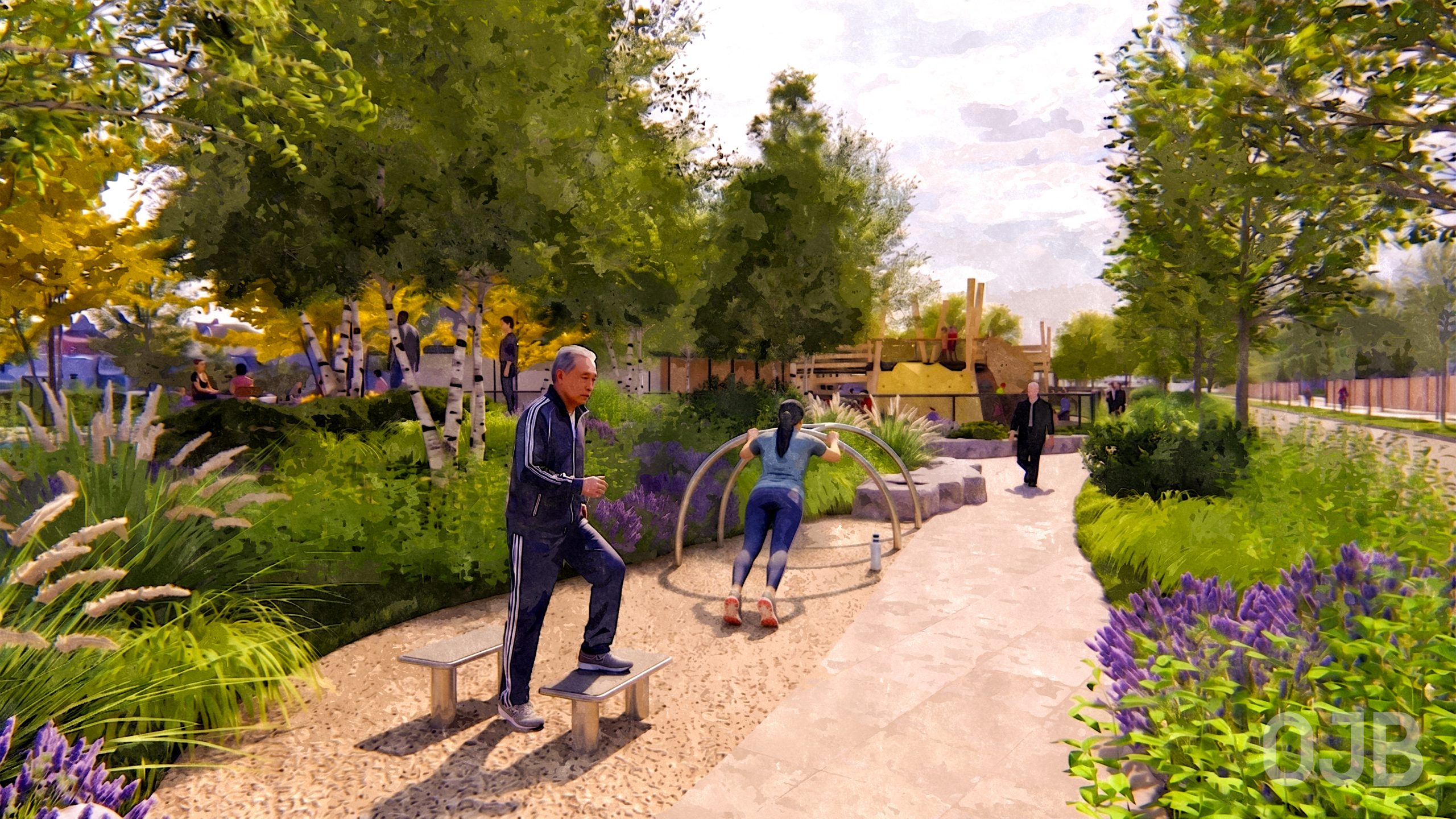An illustrated view of adults using fitness equipment in the park.