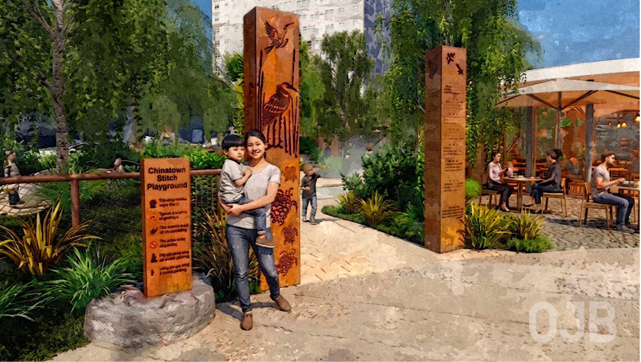 An illustrated view of the entry to the playground. This option shows a gate inspired by the story of the Turtle and the Crane.
