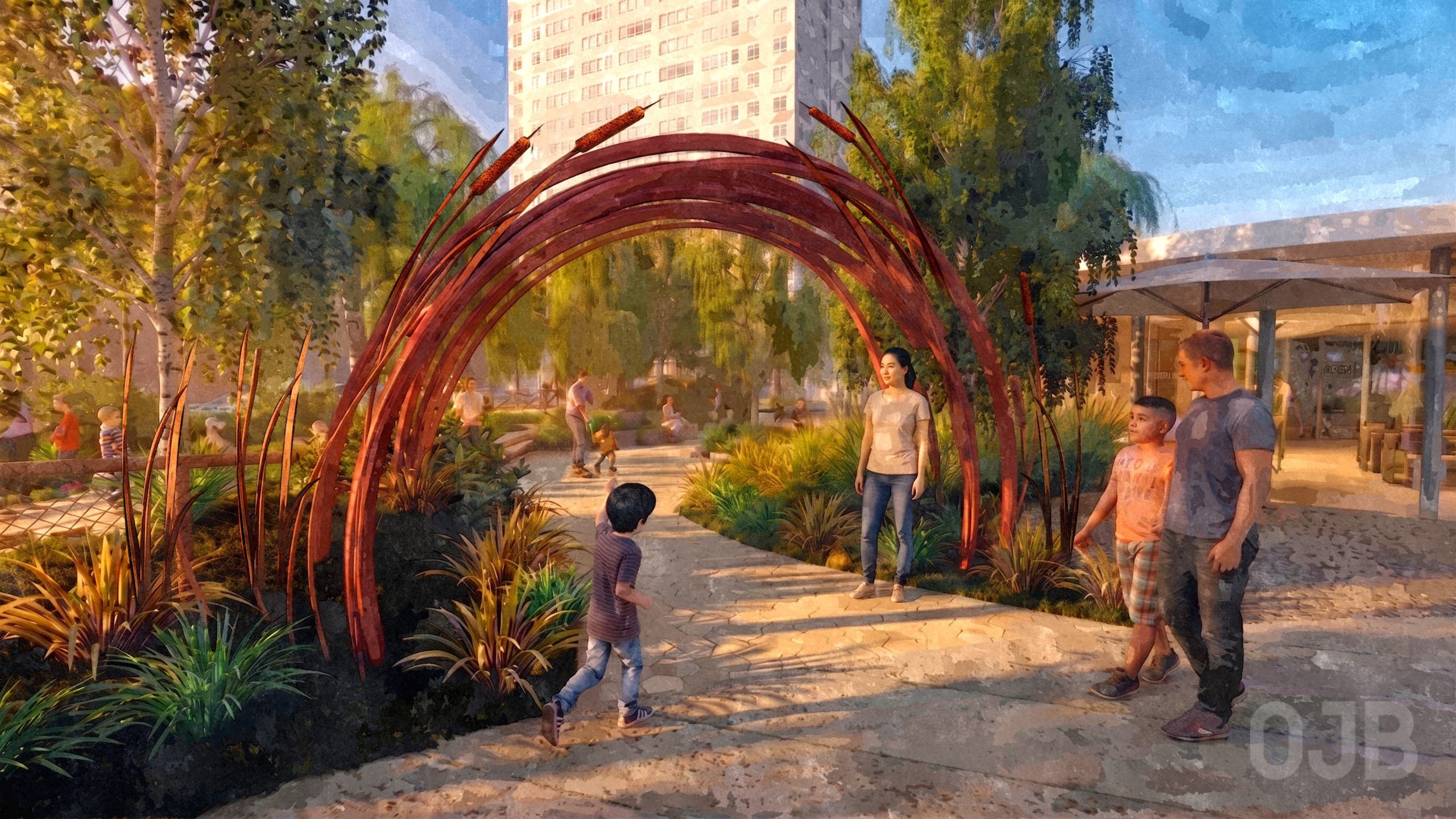 An illustrated view of the entry to the playground. This option shows a gate inspired by reeds