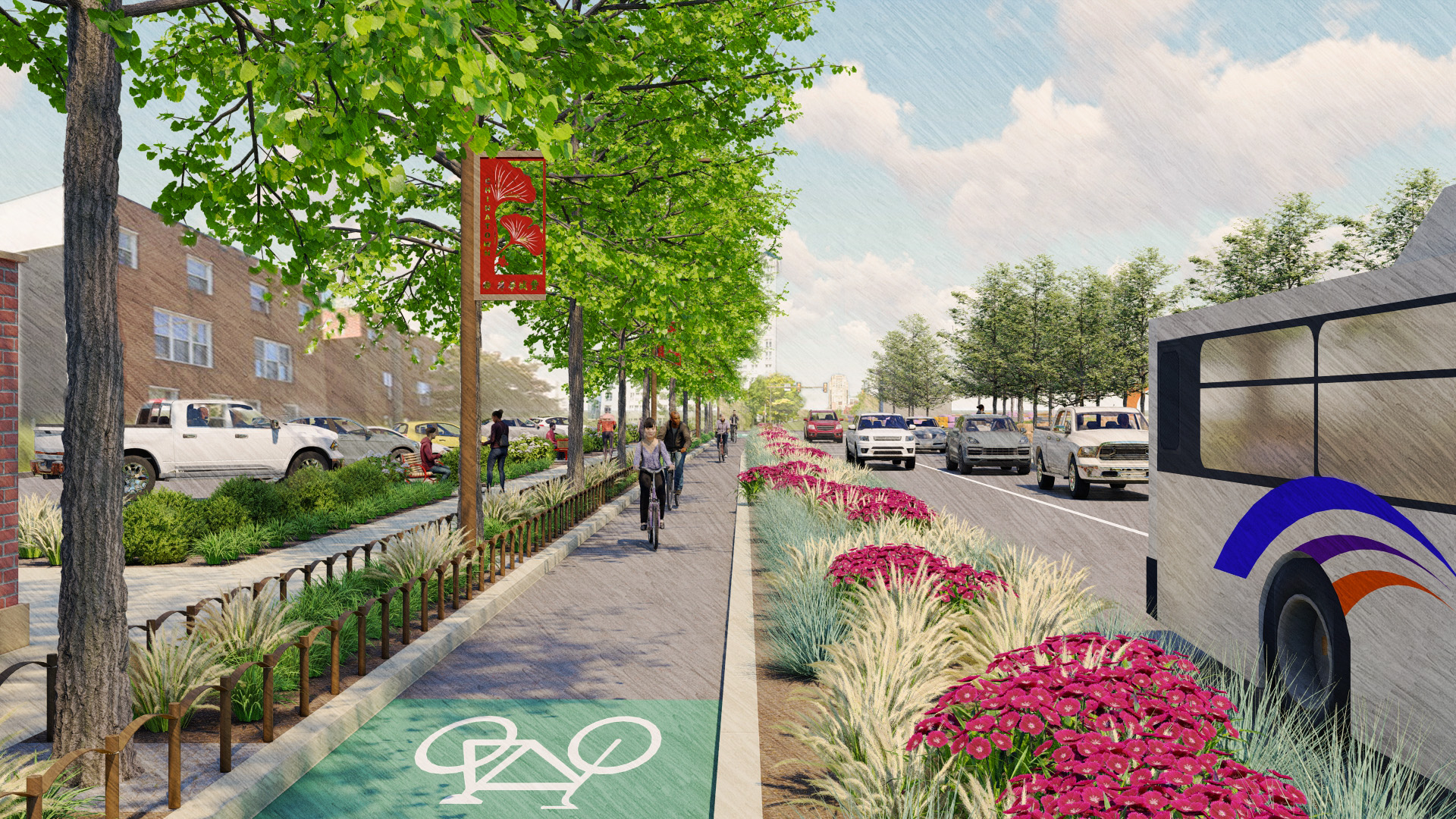 An illustrated view of Vine Street eastbound showing landscape buffers separating vehicular traffic, bike lane, and sidewalk zones.