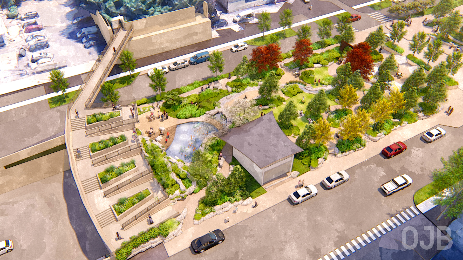 An illustrated aerial view looking northeast at the Rail Park connector element that will serve as an overlook and provide a route to the next phase of the Rail Park.